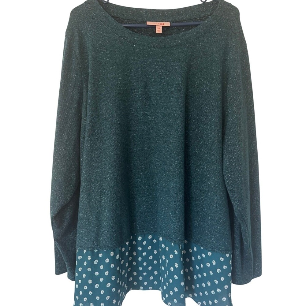 EVRI Womens 3X Teal Green Metallic Sparkle Knit Top Polka Dot Layered Hem Long